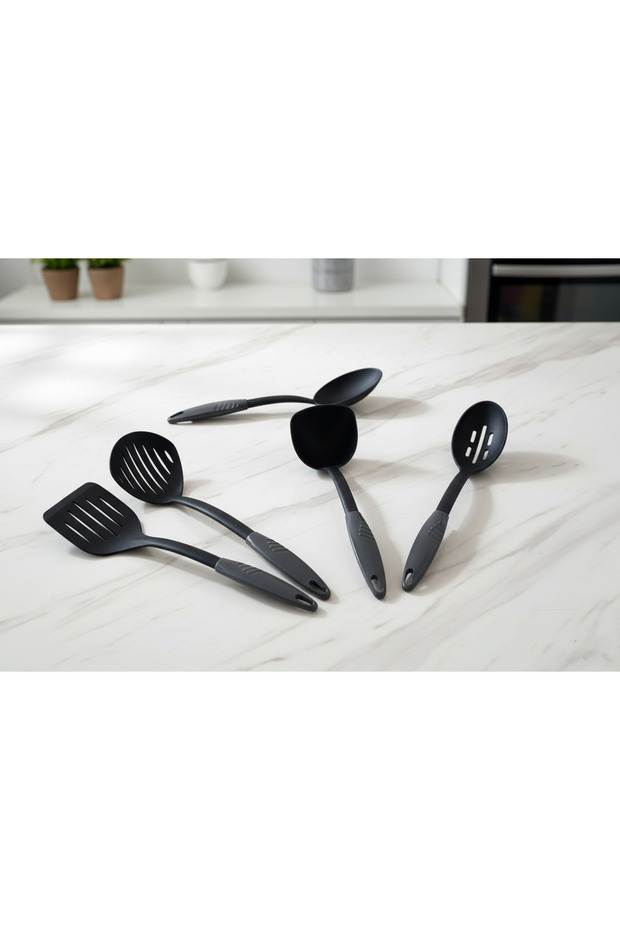 طقم تقديم مكون من 5 قطع، مغرفة، ملعقة مثقوبة، ملعقة تقديم، خالية من مادة BPA، سطح غير لاصق، طقم مطبخ صديق للبيئة
