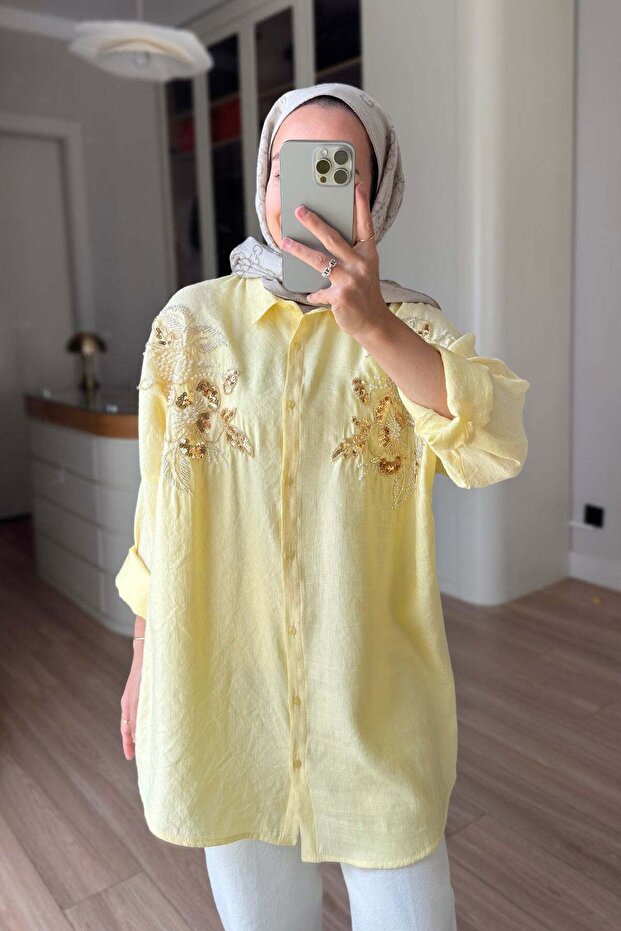 Floral Motif Oversize Shirt - Yellow