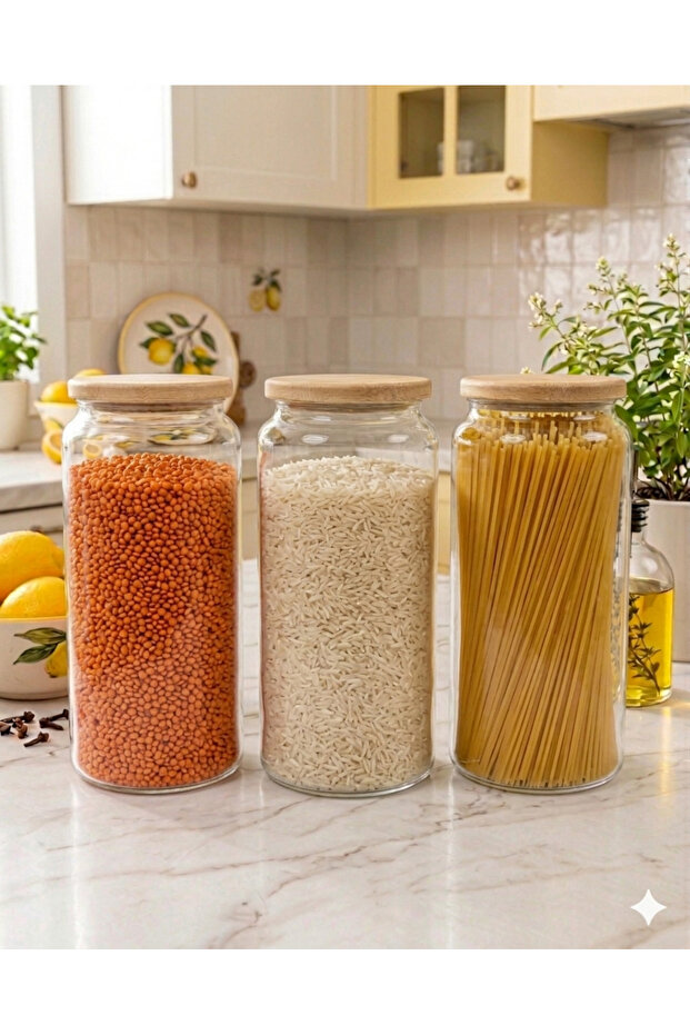 Vacuum 3-Piece Glass Jar Set with Bamboo Lids (1300 ml)