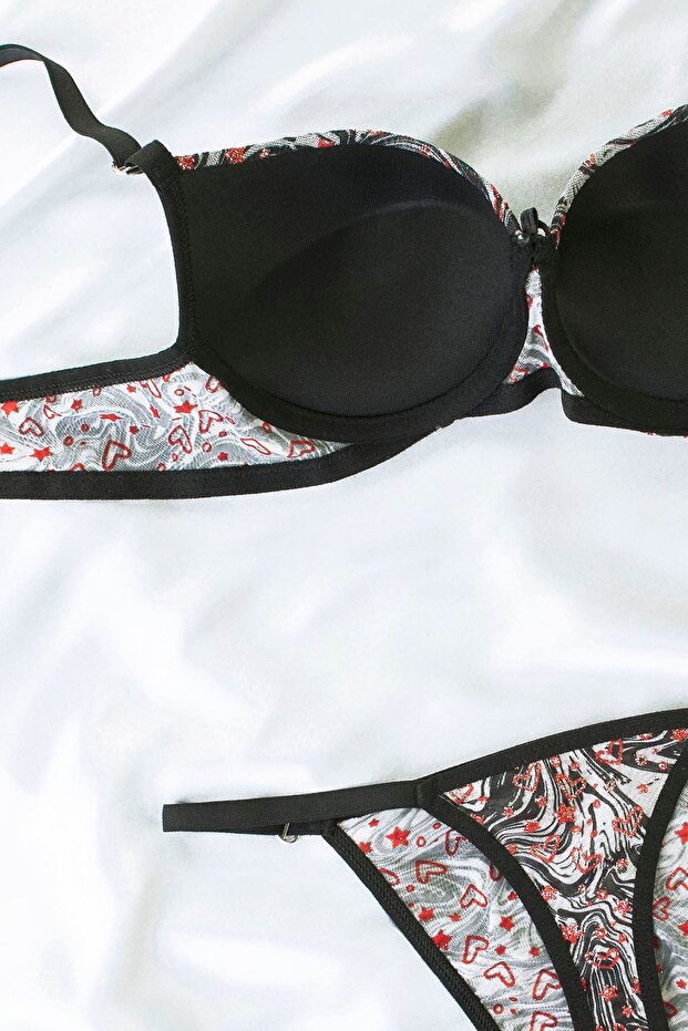 Patterned Supported Bra Set Black - 2