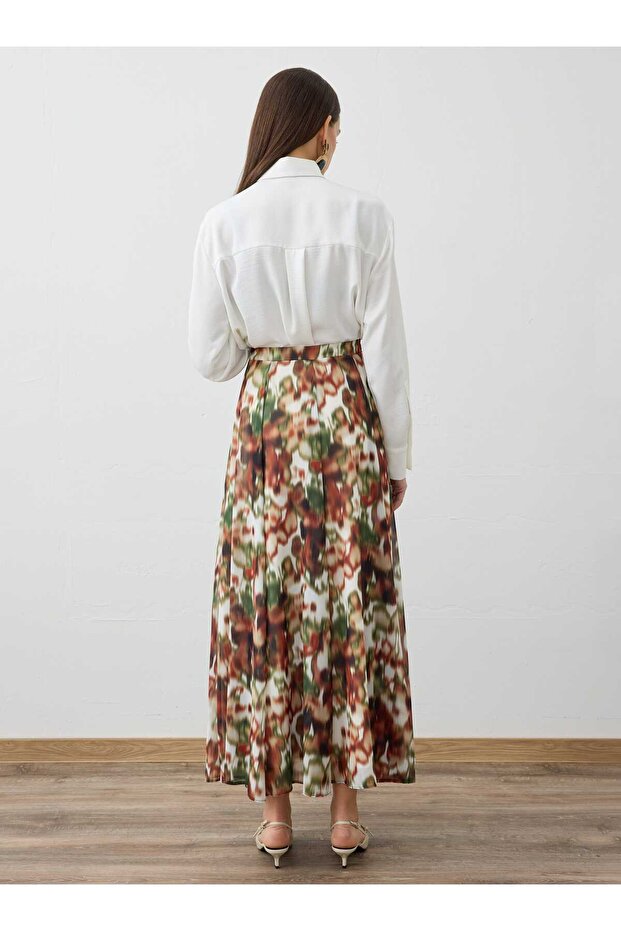 Abstract Patterned Chiffon Skirt - Brown - Green Abstract Pattern - - 5