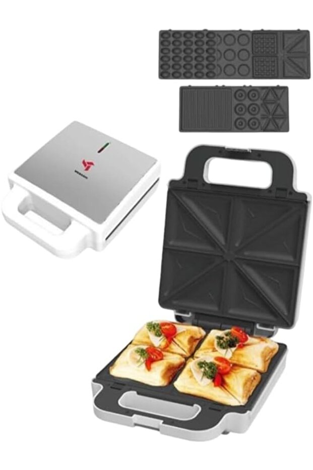 7-in-1 Multi Snack Maker with Non-Stick Changeable Plates and Auto Lock Clip - White Steel(ME-SNM618WT)(1400W)