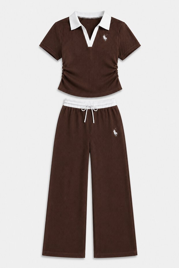 Glad Brown Polo Collar Ribbed Lycra Embroidered Premium Drawstring Blouse Sweatpants - Top and Bottom 2-Piece Set