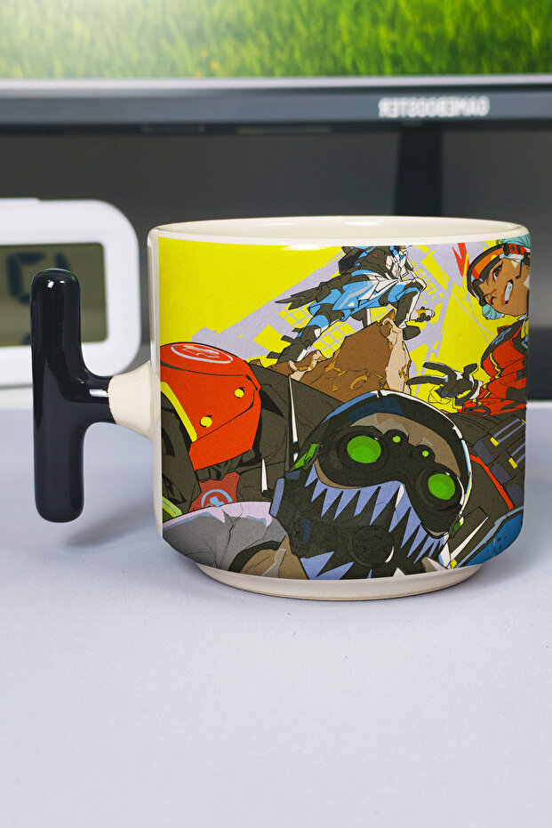 كوب سيراميك فاخر مطبوع عليه Apex Legends (قطعة واحدة) على شكل حرف T بمقبض أسود خاص V1T