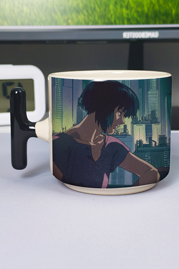 كوب سيراميك فاخر مطبوع عليه رسومات أنمي Ghost in the Shell (قطعة واحدة) على شكل حرف T بمقبض أسود مميز V4T