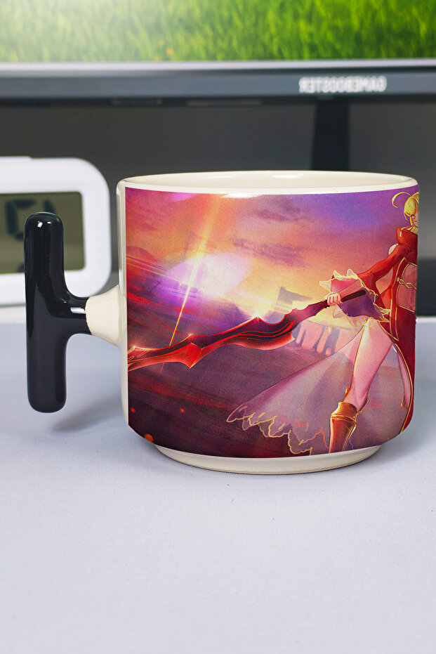 Fate Anime Printed Ceramic Luxury Mug (1 Piece) T-Shaped Special Black Handle Wave Handle V3T