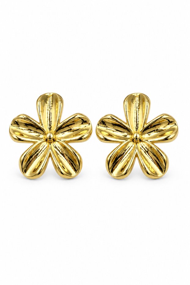 Women's Yellow Steel Flower Earrings - Casual Earrings with Shiny Metallic Floral Design
