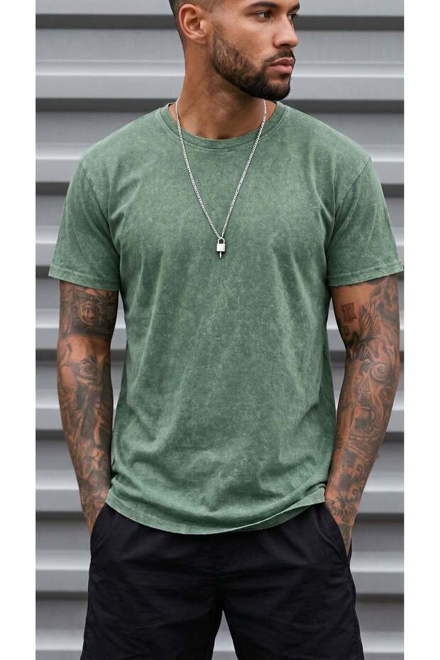 Men's Regular T-Shirt Acid Washed Vintage Effect Painted Petrol Green