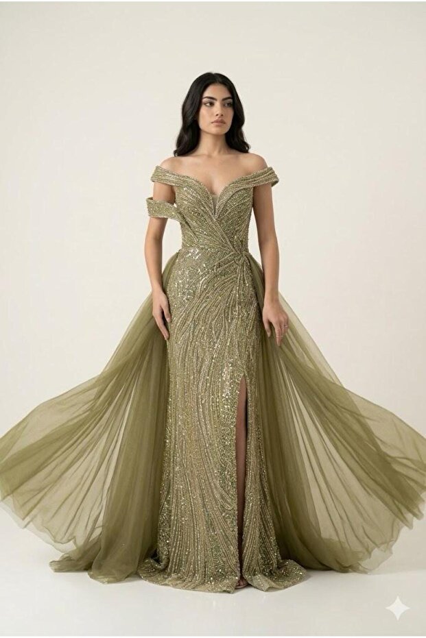 Olive green Beaded Off‑Shoulder Evening Gown with Tulle Train