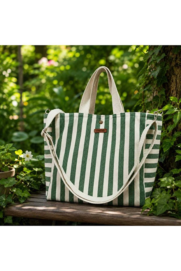 Beach Bag, Picnic Bag, Baby Care Bag, Green Striped, 100% Linen, Double Handle, with Pockets