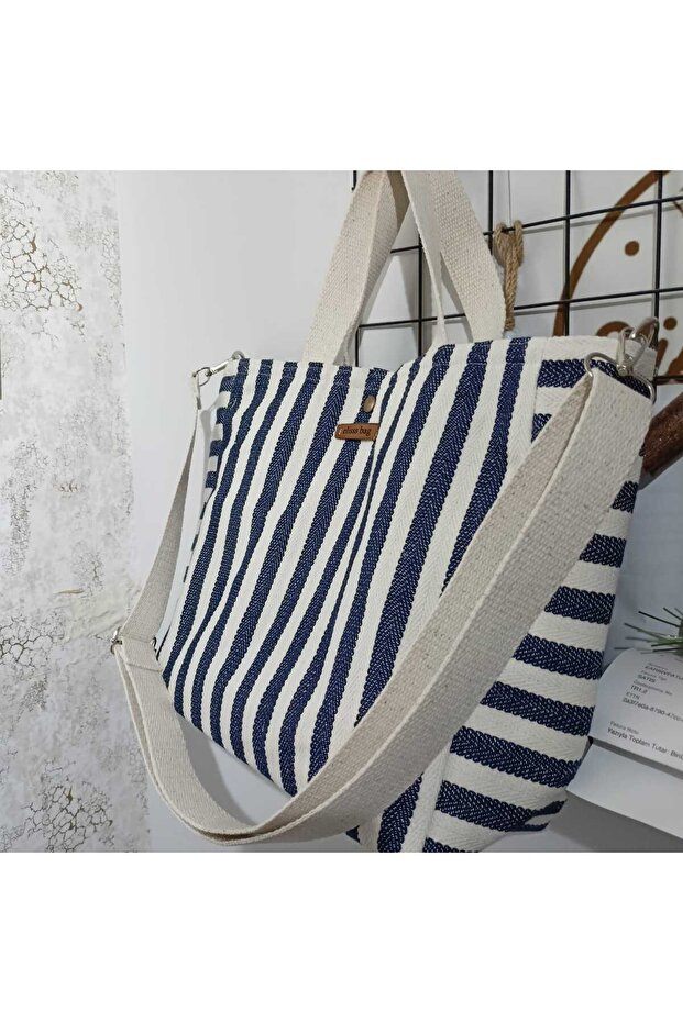 Beach Bag, Picnic Bag, Baby Care Bag, Navy Blue Striped, 100% Linen, Double Handle, with Pockets