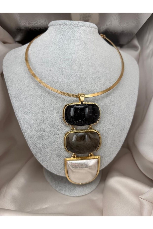 Gold Color Geometric Resin Stone Detailed Collar Necklace Black and Gray Stone Statement Women's Necklace