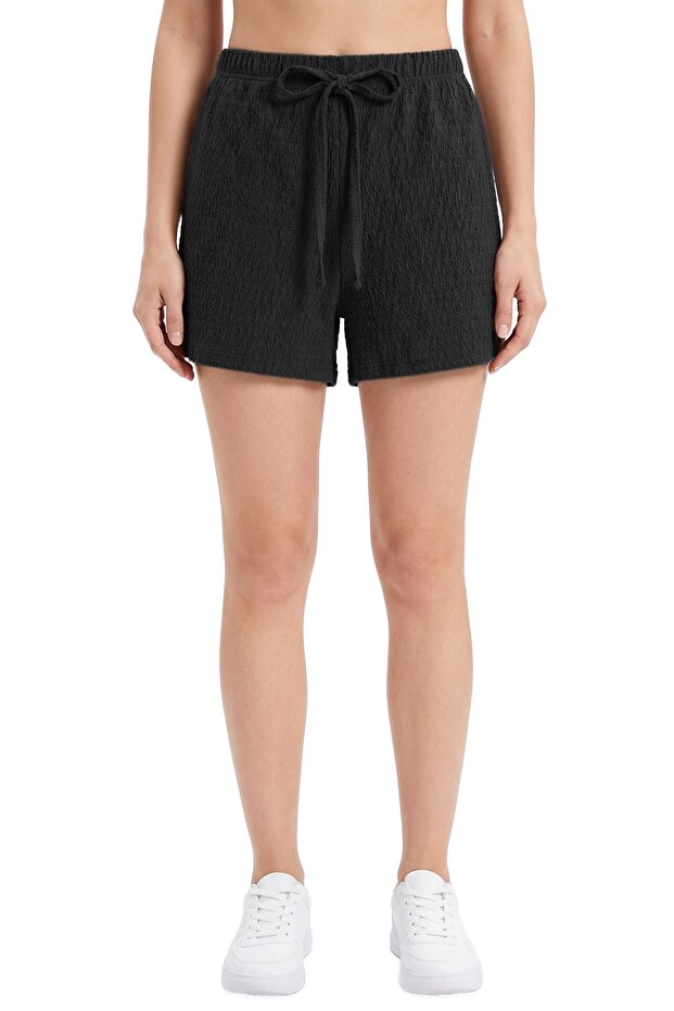 Premium - Tide Collection | Black Lace-Up Wrinkled Textured Comfortable Cut Women's Shorts
