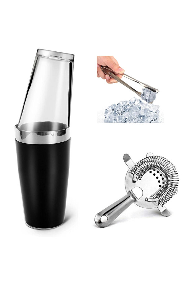 Cocktail Set 3 Piece Black Cocktail Shaker 750 ml Bar Strainer Ice Tongs Cocktail Preparation Set Bartender