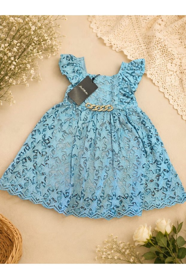 Blue Lace Detailed Lined Girls' Dress – Ages 2-5