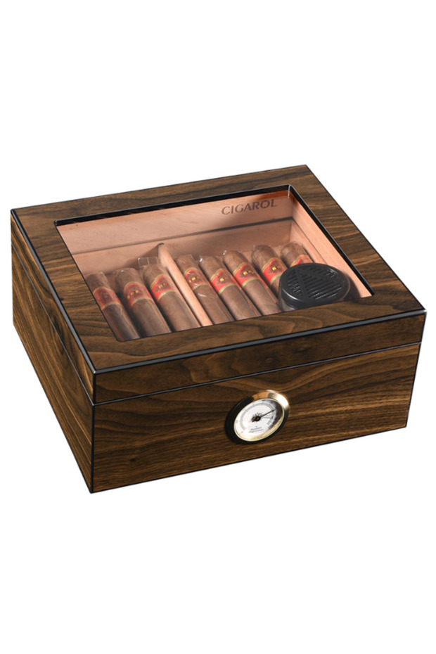 desktop Glass Top Cigar Humidor | Classic Wood Design with Analog Hygrometer
