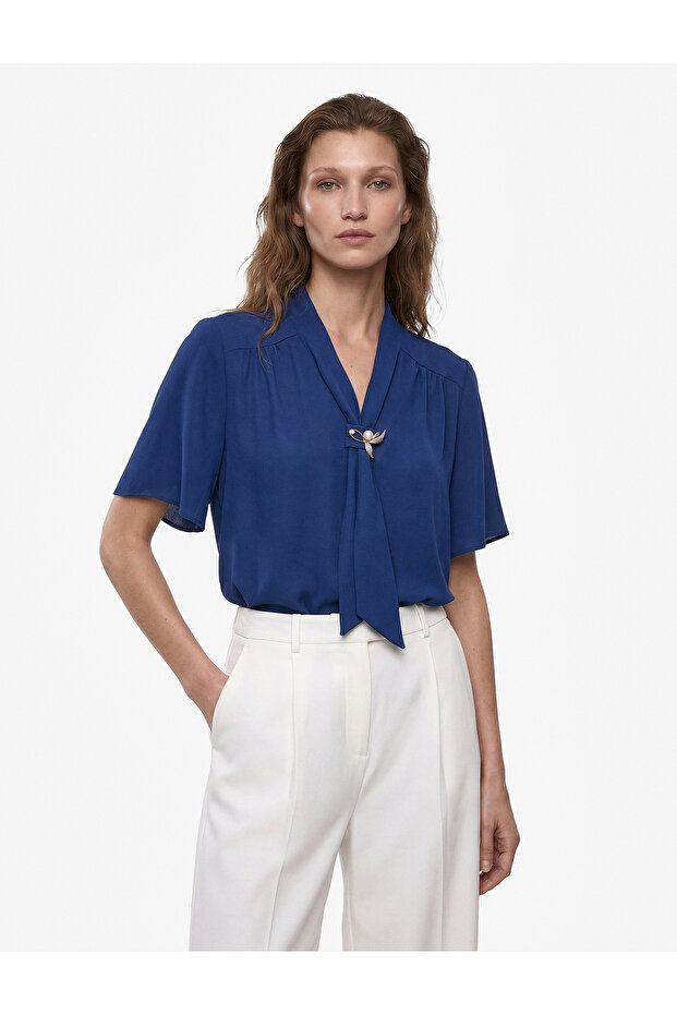 V-Neck Short Sleeve Crepe Blouse with Metal Accessories