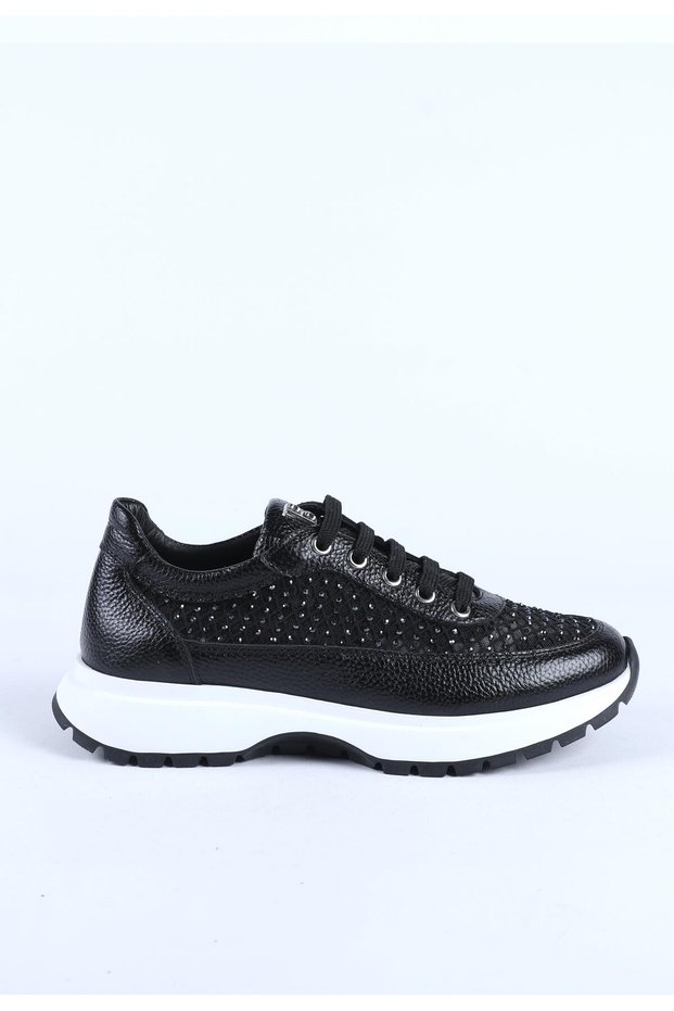Women's Transparent Mesh Stone Detailed Genuine Leather Sneaker Black