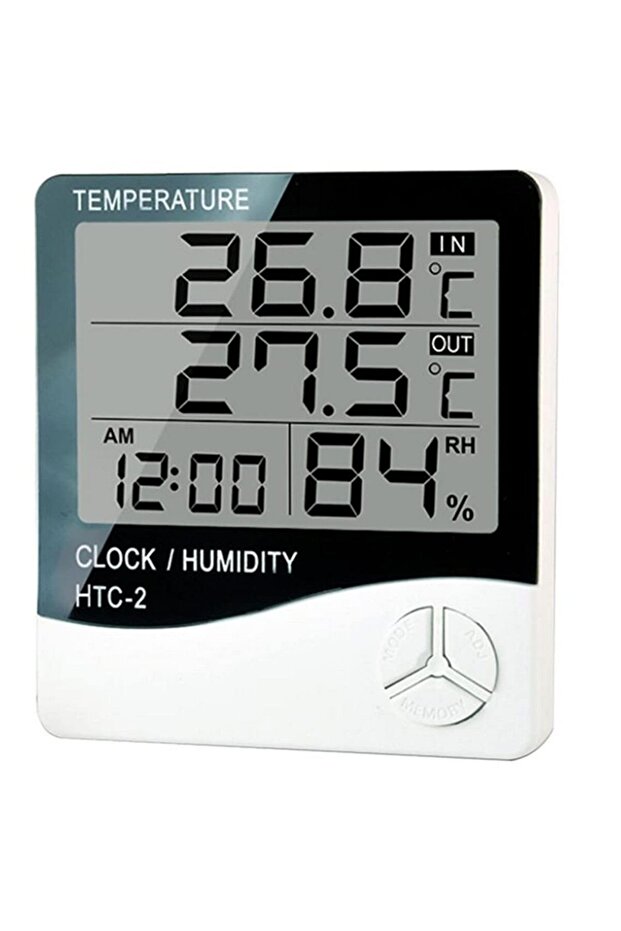 HTC-2 Digital LCD Humidity Meter Temperature Thermometer Clock with Sensor Cable, White