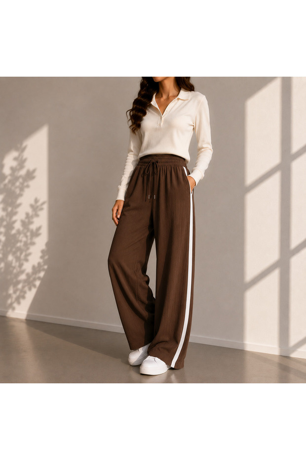 Women's Summer Crinkle Wide-Leg Loose-Fit Striped Trousers with Pockets