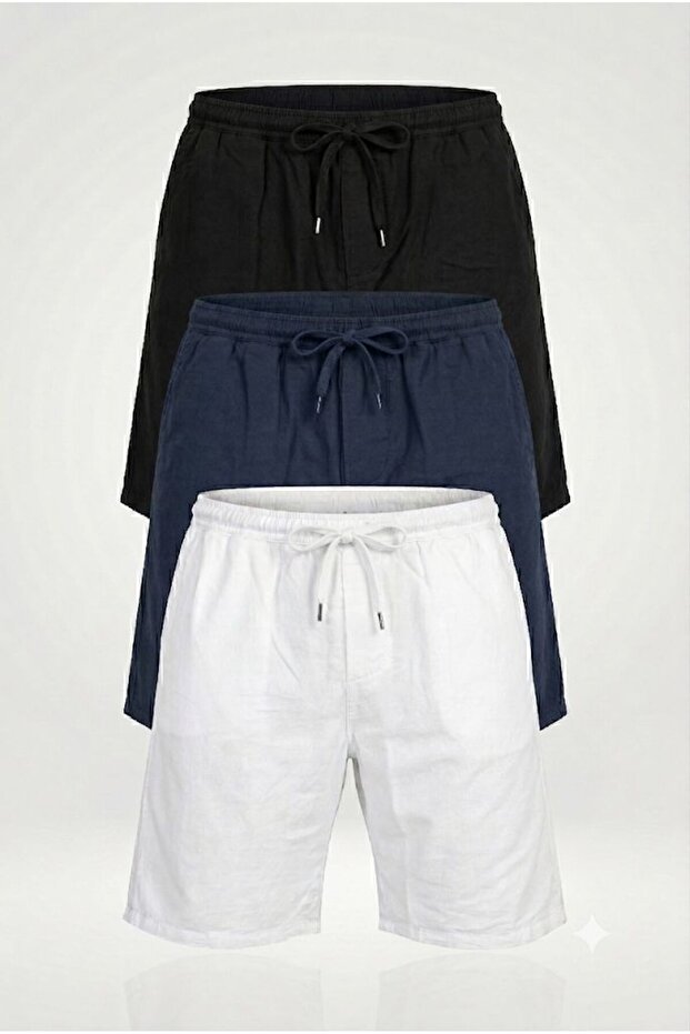 Men's 3-Piece Linen Shorts Set with Elastic Waistband