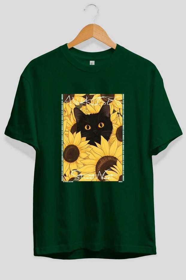 For the Love of Cats 68 Front Cat Printed Green Oversize T-Shirt 100% Cotton Unisex Cat Lover Premium Design