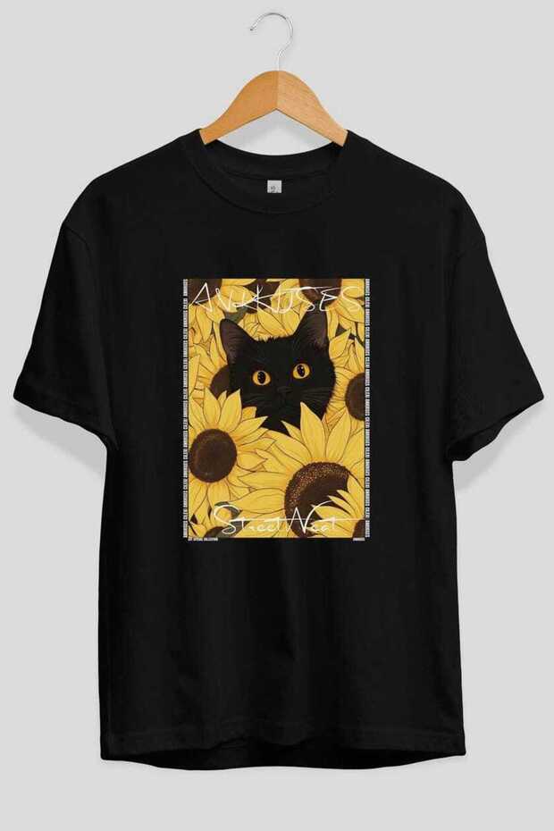 For the Sake of Cat Love 68 Front Cat Printed Black Oversize T-Shirt 100% Cotton Unisex Cat Lover Premium Design