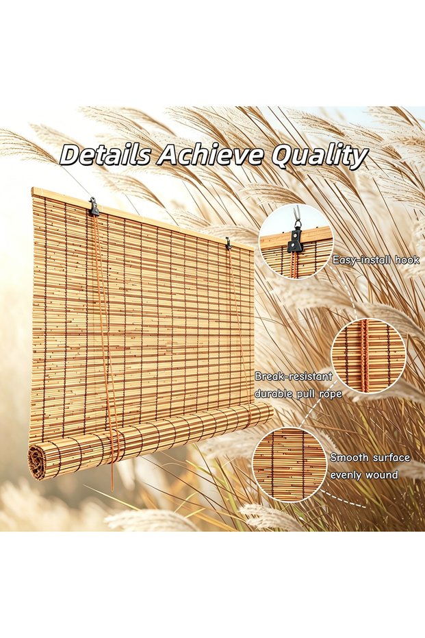FFD Natural Bamboo & Reed Roll Up Blinds – Heat Insulation, UV Protection Sun Shades with Roller Accessories – Privacy Partition Curtain for Home, Villa, Balcony, Garden, Restaurant, Cafe, Teahouse