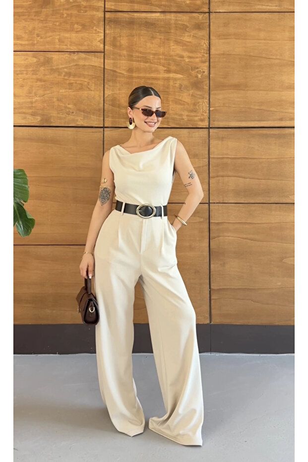 Aviva Belted Jumpsuit - Beige