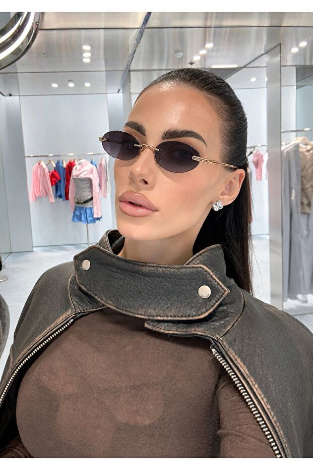 LUCCA Women's Sunglasses Oval Frameless Smoky Black Lens Rose Gold Metal Detail UV400