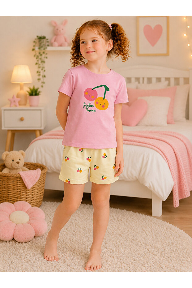 Mother-Daughter Matching Cherry Patterned Shorts Pajama Set Cotton Summer Home Wear