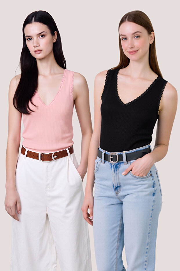 Women's 2-Piece V-Neck Lace Detailed Stretchy Viscose Ribbed Undershirt - 2-Piece Advantage Pack
