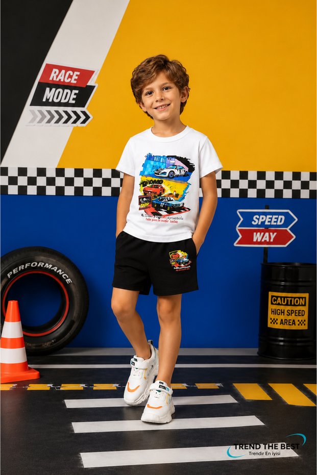 Summer White Red Blue Car Printed Boys' Black Shorts, White T-Shirt Set