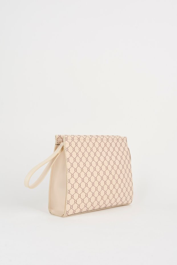 Women's Petunia Patterned Cream Lined Faux Leather Wrist Strap Portfolio Handbag and Clutch Bag
