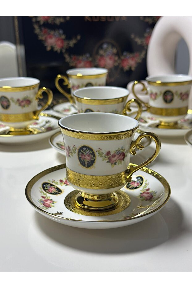 Gold Plated 6-Person Turkish Coffee Cup Set with Stand