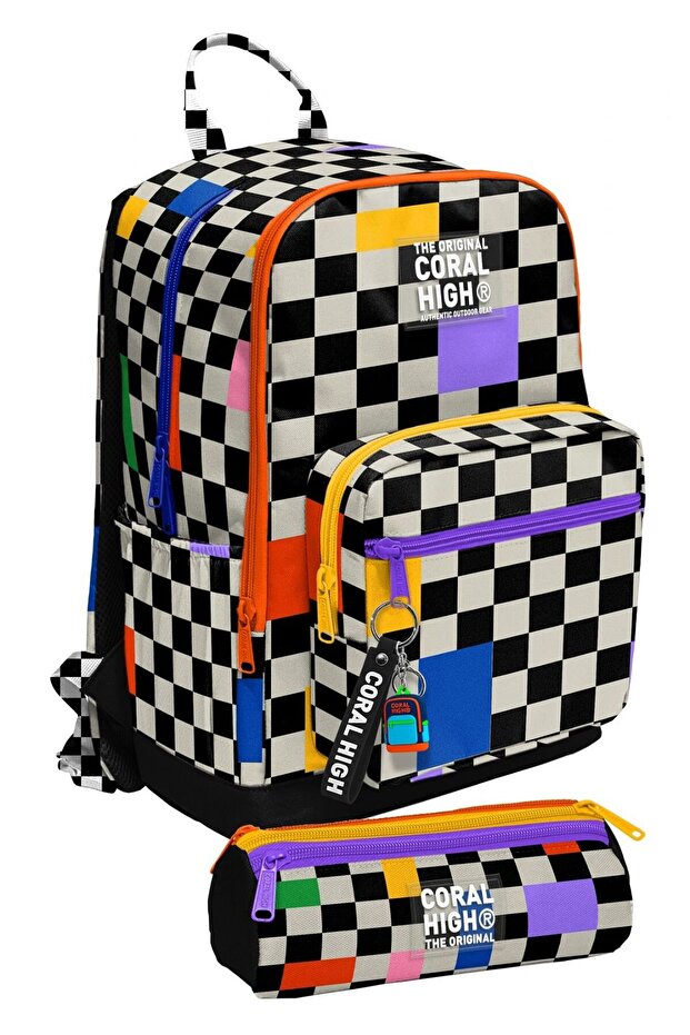 Black and White Checkerboard Patterned Primary and Secondary School Backpack and Pen Holder Set for Girls - Setygn33226C