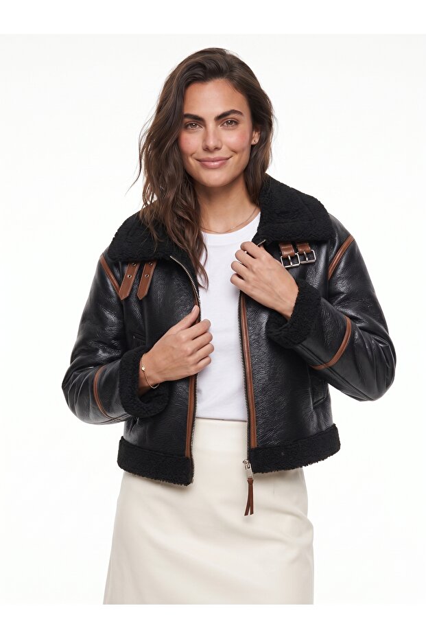 Matte Black Laminated Stretch Fabric Jacket with Belted Collar and Zipper Detail, Comfortable Cut