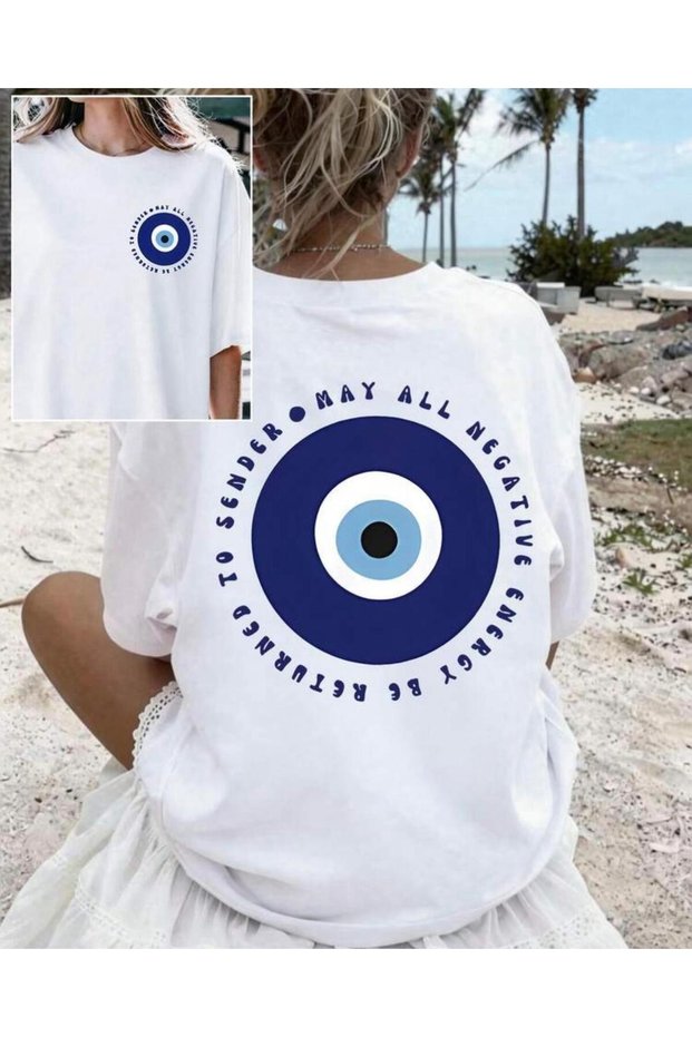 Nazar Eye Printed Short Sleeve Women's Plain Crew Neck White Tshirt