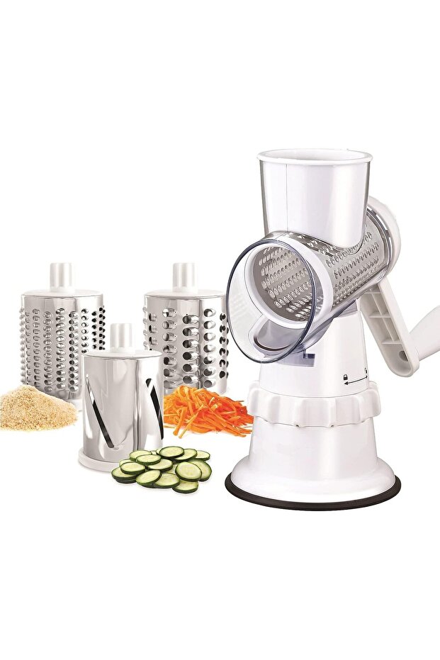 Rotary Cheese Grater with 4 Interchangeable Stainless Steel Drums, Manual Vegetable Slicer, White