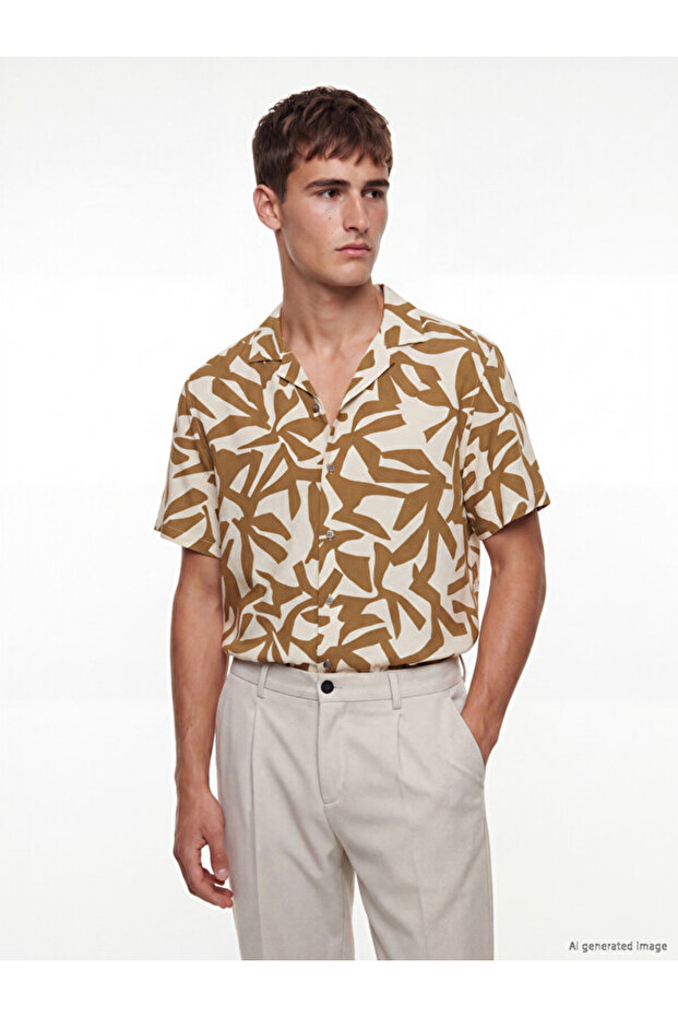 Esvab • Modern & Distinctive Standard Fit Cuban Roba Collar Embroidered Men's Shirt