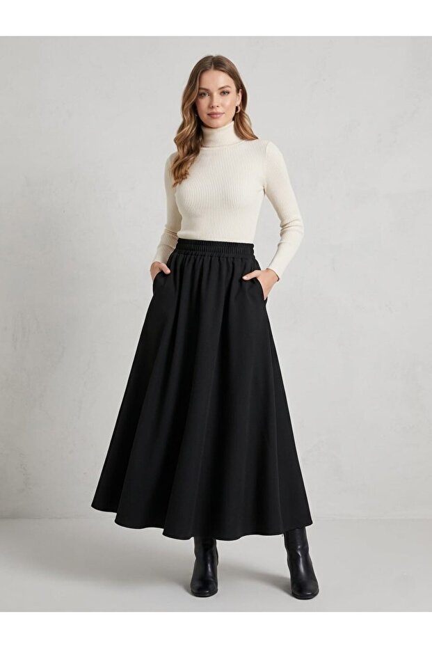 Black Elastic Waist Pocketed Flared A-Line Maxi Long Skirt for Women