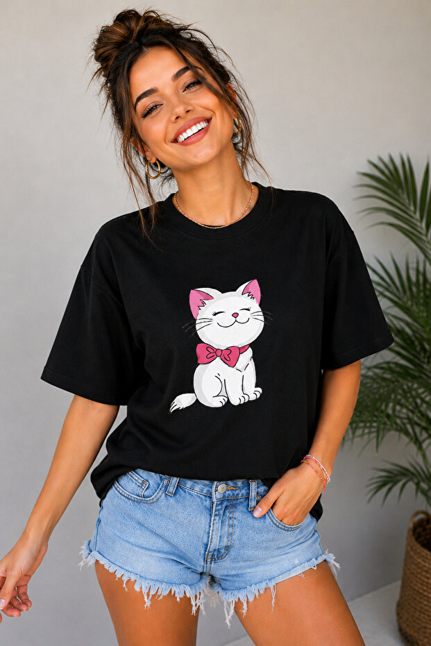 Cute Cat Printed Crew Neck Unisex Oversize T-Shirt with Bow Tie – Cotton T-Shirt