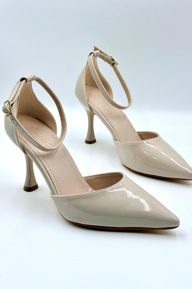 Ankle Strap Thin Heeled Shoes Women's Stiletto Beige Patent Leather