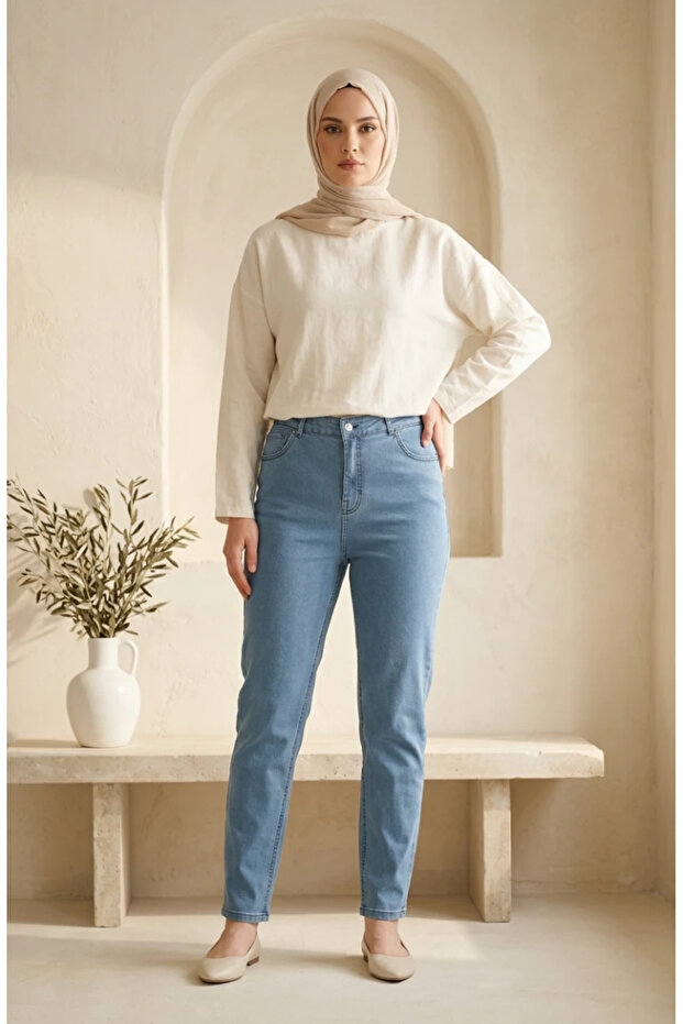 Battal Size High Waist Denim Jean Trousers 10226-01 Light Blue