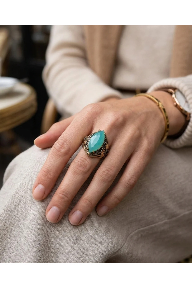 Bronze Ring Authentic Copper Jewelry with Turquoise Crystal Stone Drop Flower Design Adjustable Vintage Women's Ring