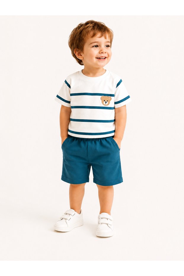 Boy's Teddy Bear Embroidered Striped Shorts 2-Piece Set