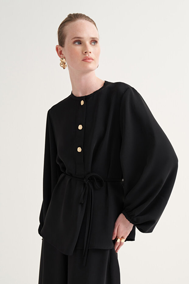Gold Buttoned Draped Crepe Blouse
