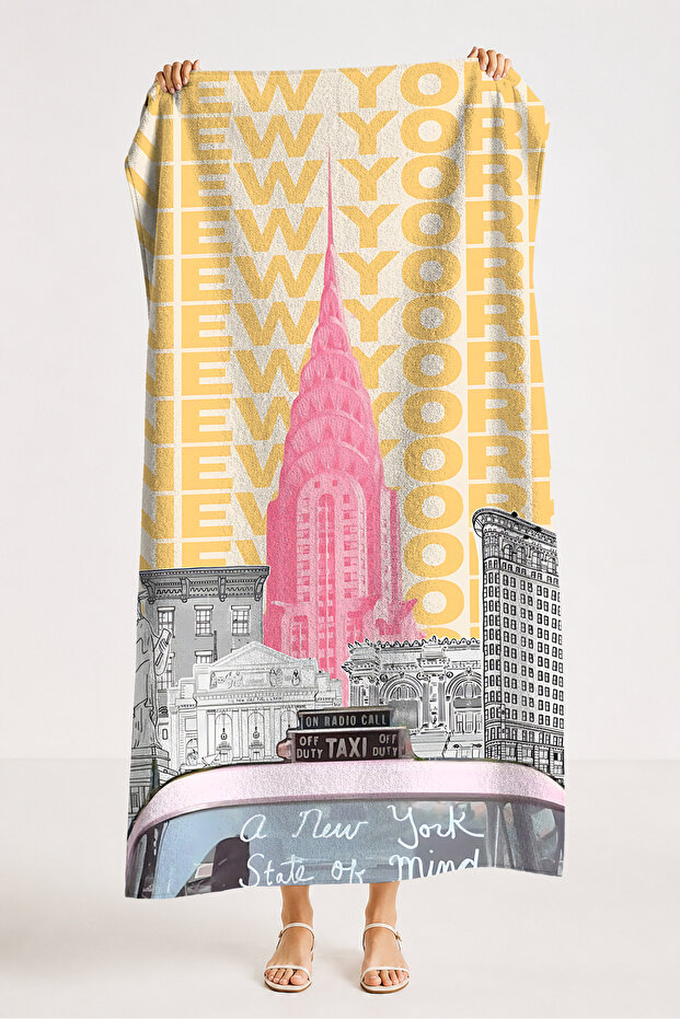 New York City Themed Modern Beach Towel - Urban Retro Pink Yellow Quick-Dry Microfiber Towel