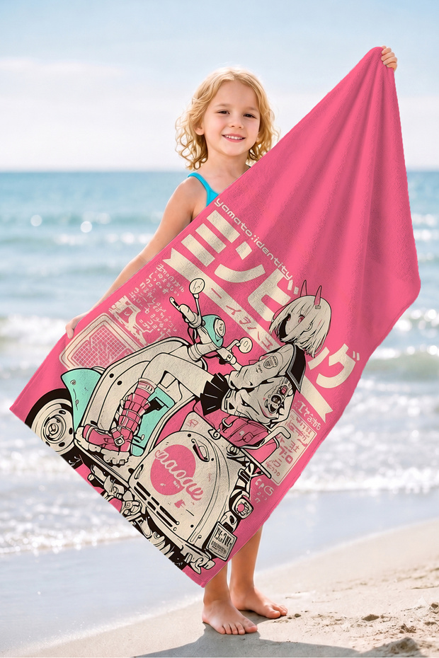 Anime Motorcycle Scooter Girl Beach Towel - Pink Japanese Pop Art Quick Dry Microfiber Towel Coverlet
