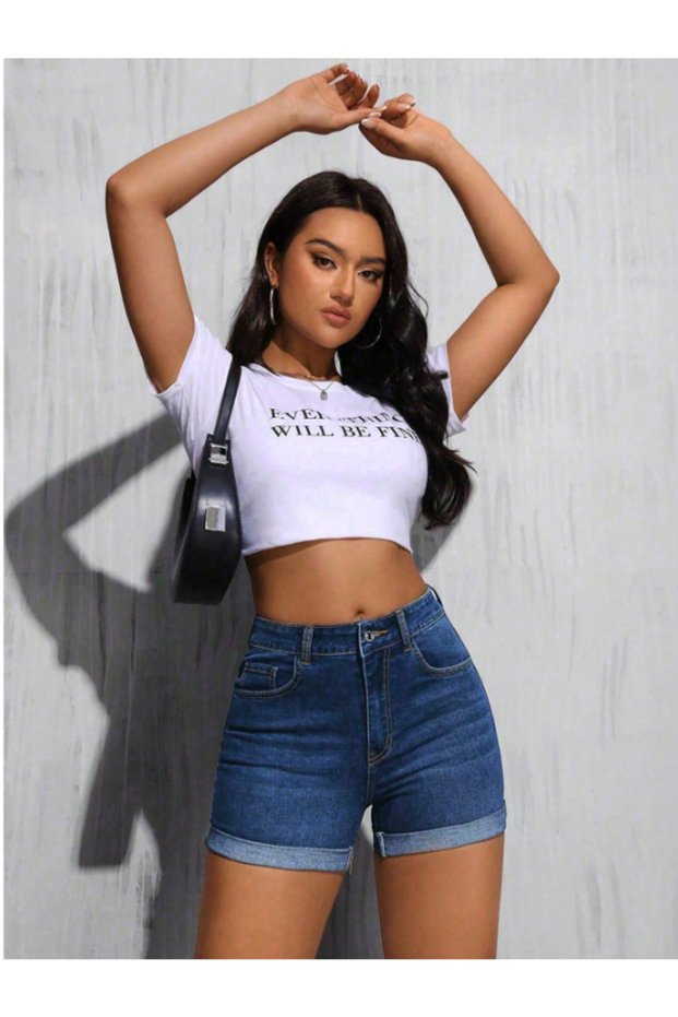 Women's High Waist Double Leg Jean Shorts with Lycra Gathering